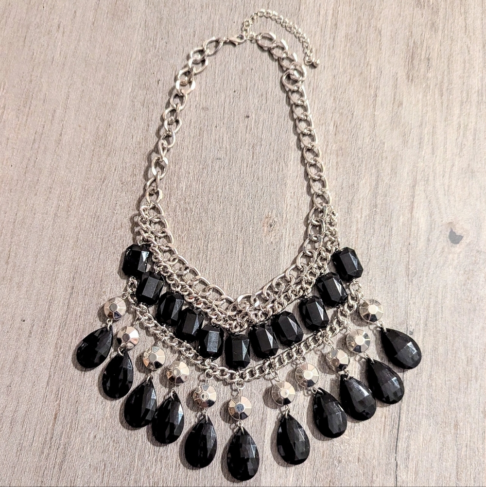 Vintage Black Silver Tone Chacha Bib Statement Necklace Whimsigoth Dark Acadamia - Picture 6 of 7